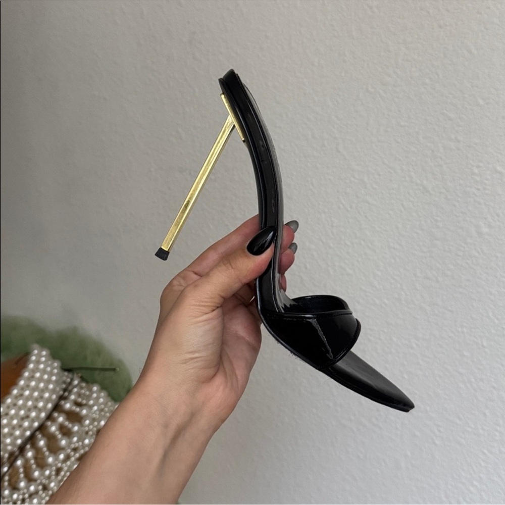 Black Patent Stiletto Heel Sandal with Gold Heel